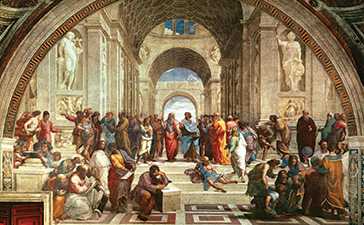 Raffaello'nun Atina Okulu freski: kemerli mimari mekanda toplanmış antik filozoflar, merkezde Platon ve Aristoteles